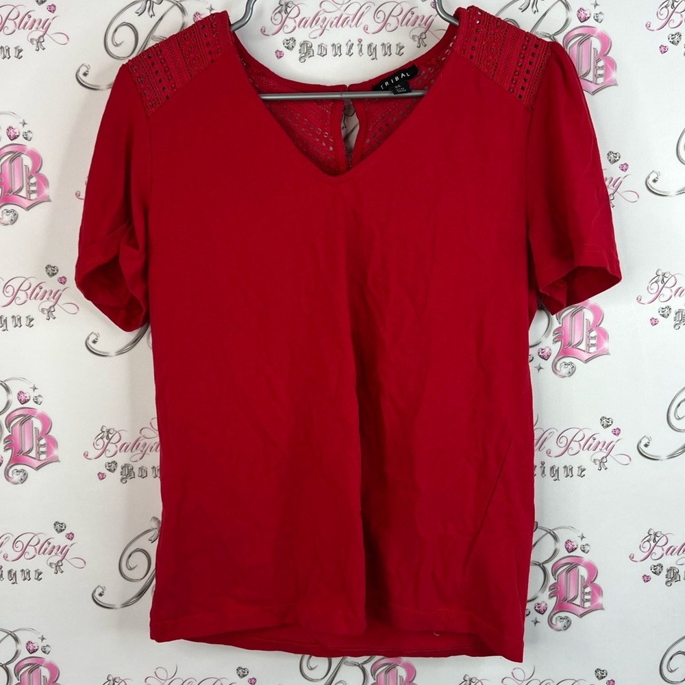 Tribal tshirt tee crochet detail back Red V-Neck Blouse with Lace Shoulders